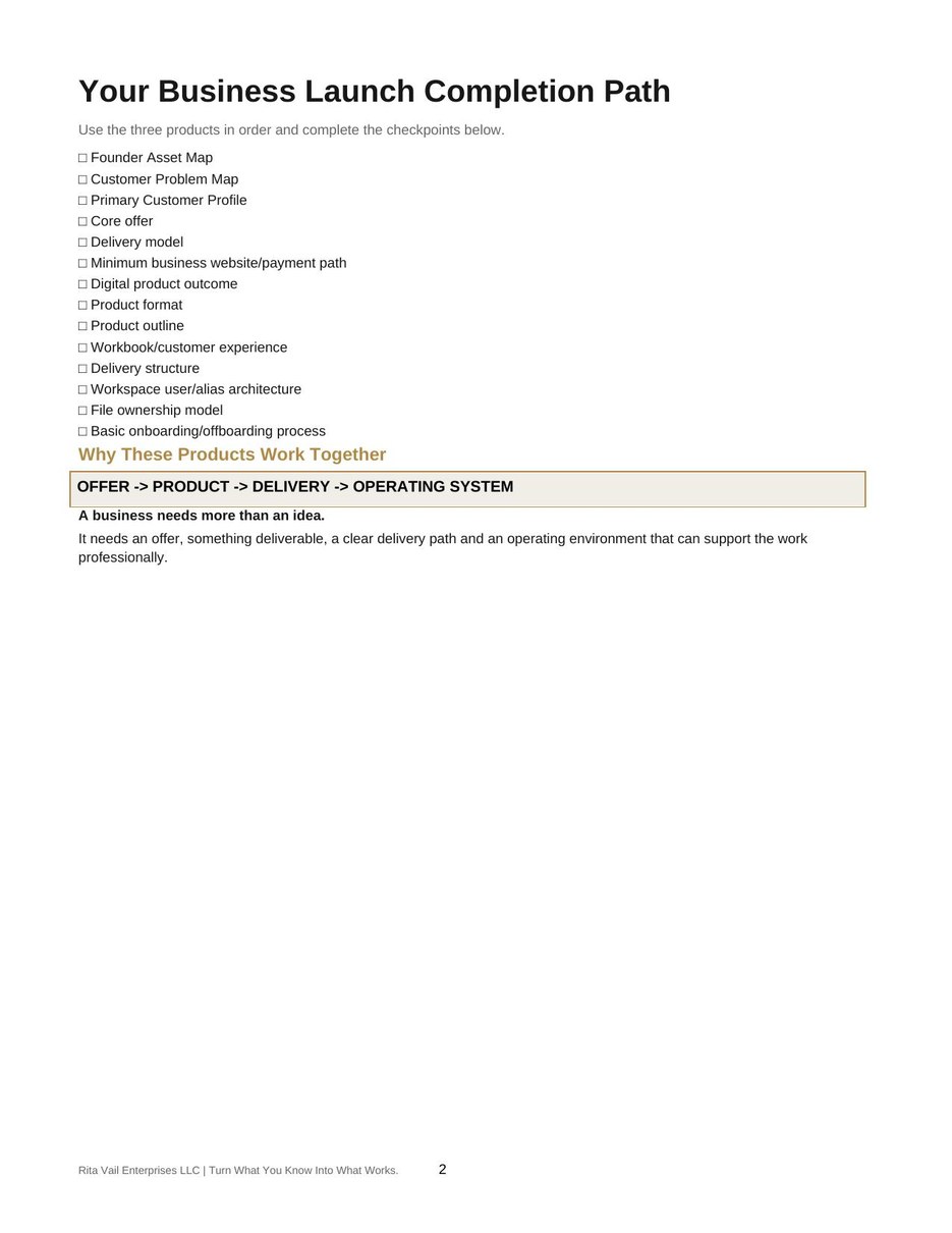 Business Launch Bundle recommended sequence and completion path page
