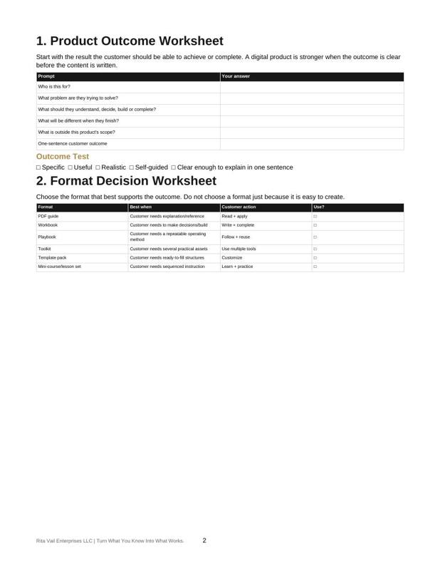 Digital Product Builder interior product outcome worksheet page